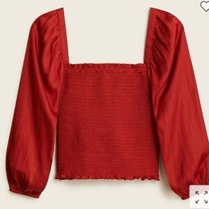 J. Crew Squareneck Smocked Featherweight Satin Top Small Spiced Cayenne Cropped